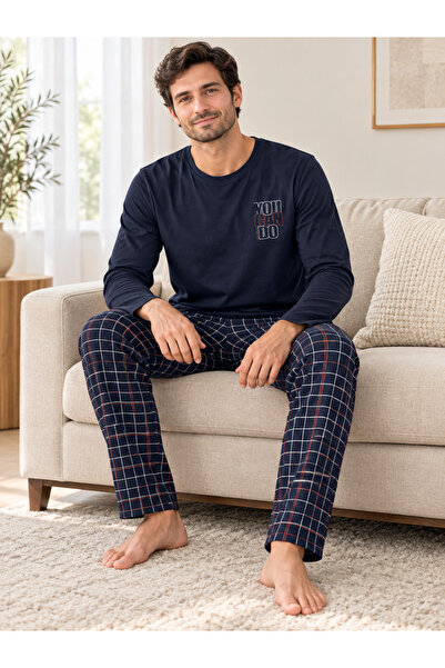 Lena Homewears Ανδρικό καρό σετ πιτζάμες με λεπτομέρειες, μακρυμάνικο, βαμβακ...