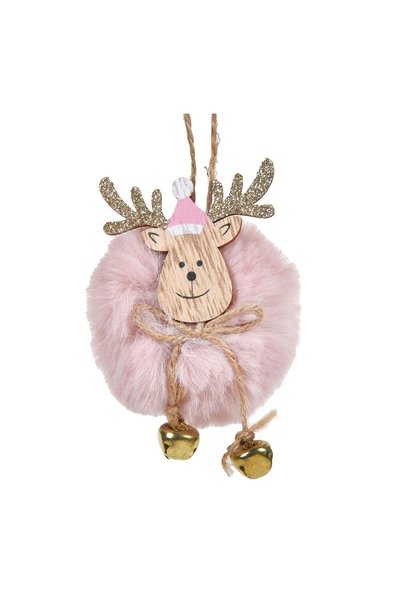 OEM Ornament Brad de Crăciun Cerb din Lemn cu Blana Roz și Clopotele Ø8 cm – ...