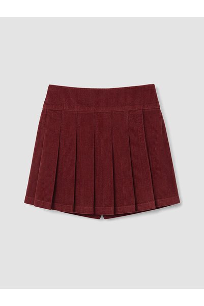 LC Waikiki Peak New Season Burgundy Girls' Pleated Velvet Shorts Skirt