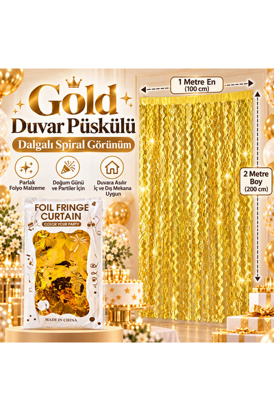Partifabrik Gold Spiral Desenli Duvar Fon Püskül Dekor Perde 1 metre en 2 metre boy