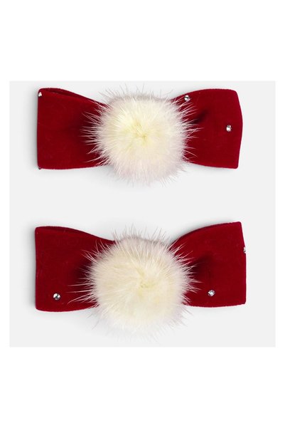 OEM Set 2 Clame de Păr de Crăciun Roșii din Catifea cu Fundițe și Pompom – Ac...