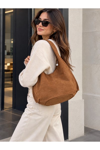 emelimin Women's Tan Large Size Suede Look Casual Shoulder Bag Large Volume D...
