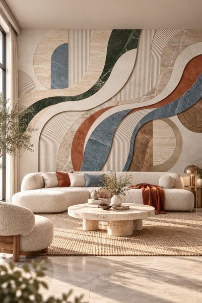 dreamwall Arvena Akışı- Geometrik Dalgalı Mermer Desenli Tek Parça Tekstil Du...