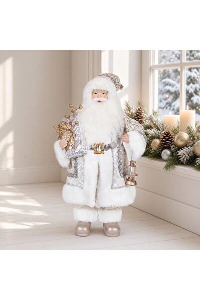 Ornament24 Figurina Mos Craciun cu haine albe si argintii, felinar si cutie d...