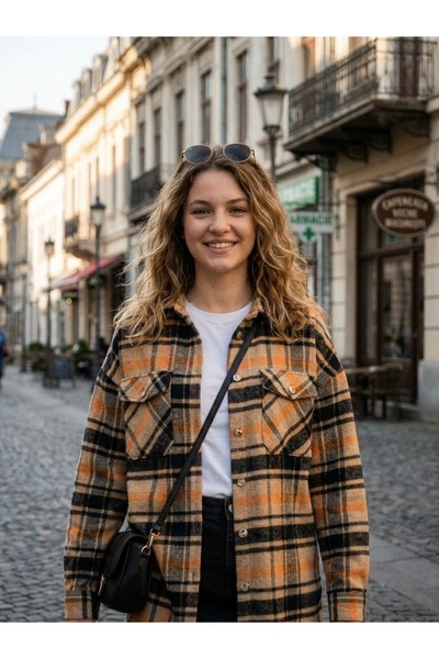 Polologin Butik Double Pocket Lumberjack Shirt - Orange / Black Plaid Long Jacket Tunic