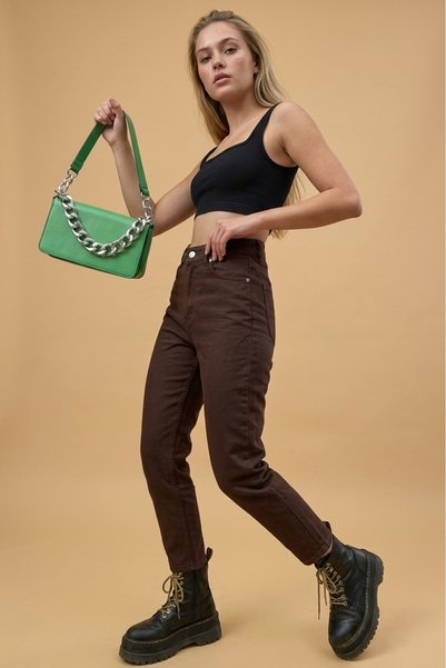 Bella denim Pantaloni de damă Asel, maro, cu talie înaltă, Mom Jean, din deni...
