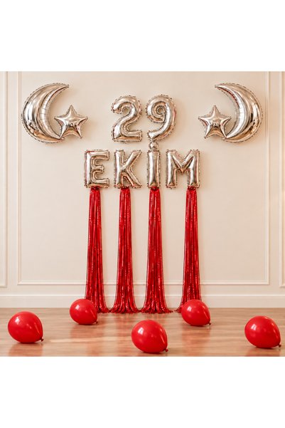 Doğasüs 29 Ekim Süsleme Seti Saçaklı Ay Yıldız Gümüş Balon Set