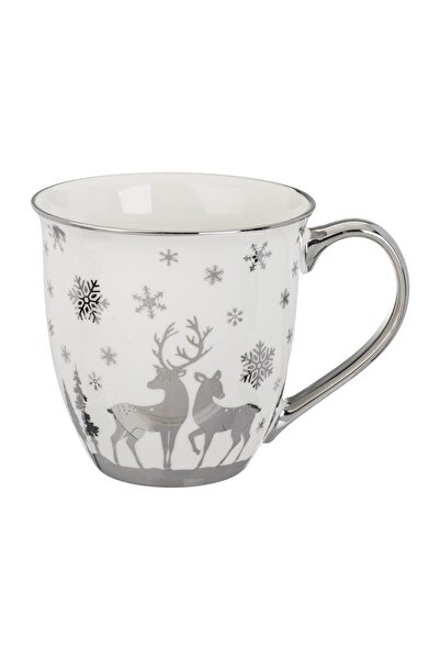 OEM Cană de Crăciun din Ceramică 610 ml, Albă cu Folie Argintie, Reni și Fulgi