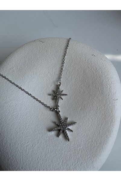 BHR AKSESUAR Silver Color Zircon Stone Y Necklace (45 cm)