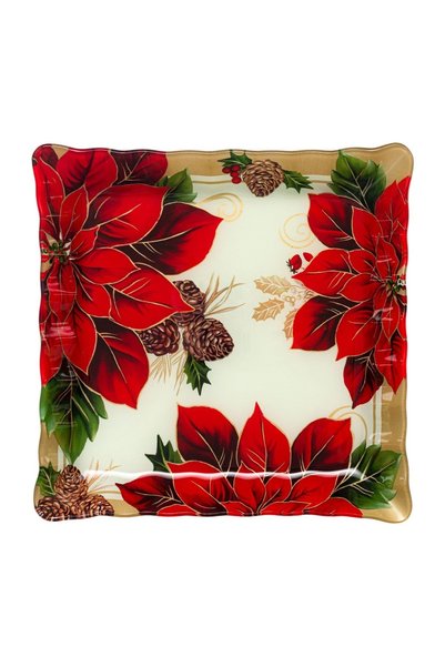 OEM Platou de Crăciun din Sticlă 30x30 cm, Model Crăciunițe și Vâsc, pentru M...
