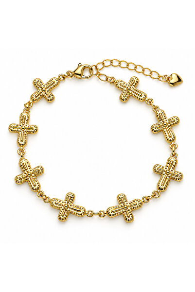 Generic Brand Brățară cu elemente în formă de cruce, aurie, reglabilă, 15 + 5 cm