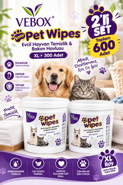 VEBOX Easy Pet Wipes Islak Kova Havlu Mendil 600 Adet 2 li Set Evcil Hayvan T...