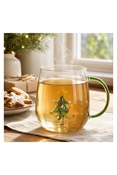 OEM Cană de Crăciun din Sticlă 400 ml, Brad 3D Interior și Mâner Verde