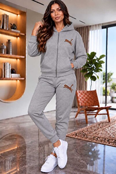 YK WEAR Set de trening HIRKA din 2 piese, model unisex, cu imprimeu leopard, ...