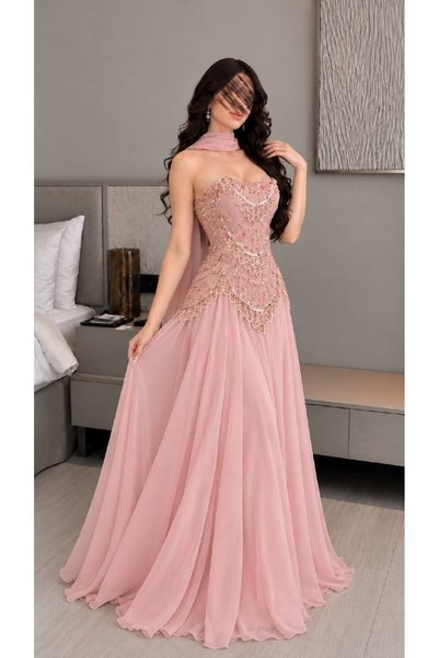 Calissa Store Soft Pink Long Evening Dress with Luxurious Sequins and Beads Strapless Corset Gown