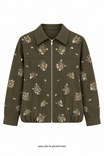 elifteke Floral Bouquet Zipper Jacket Khaki