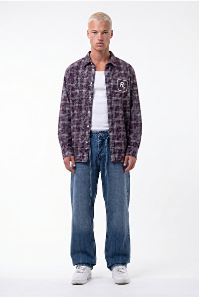 Respire Men's Shirt, Oversized Checkered Streetwear Shirt with Printed and Logo