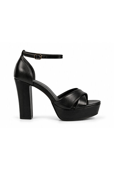 ALPELLİByAlp Women's Black Genuine Leather Ankle Strap High Platform Heeled P...
