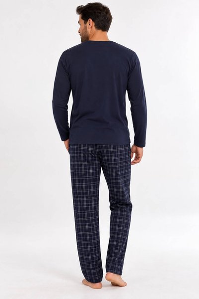Pijamasoft Men's Pocketed Long Sleeve Navy Blue Plaid Printed Cotton Knitted Pajamas Set 15