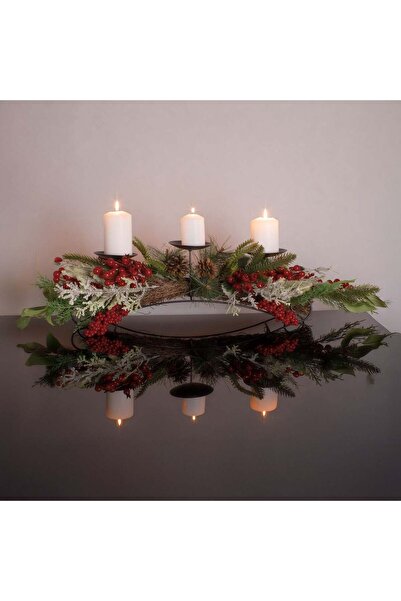 OEM Suport Decorativ cu Ramuri Conuri Berries & 3 Baze pentru Lumanari 66x28cm