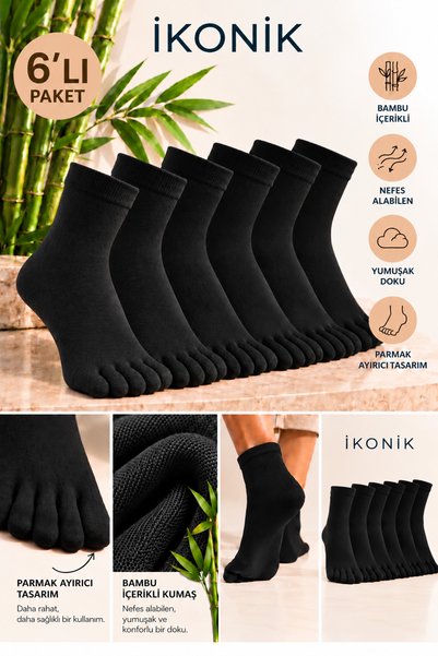 İkonik Socks 6 Pairs of Bamboo Black Toe Socks