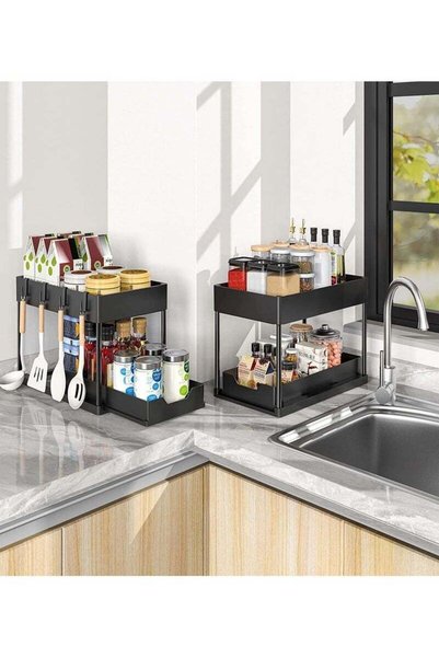 Generic Brand Under Sliding Cabinet Basket Organizer 2-Tier with 5 Hooks& 2 C...