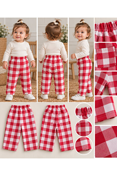 BAHNUR Baby Girl and Child Red and White Gingham Patterned Three-Thread Elast...