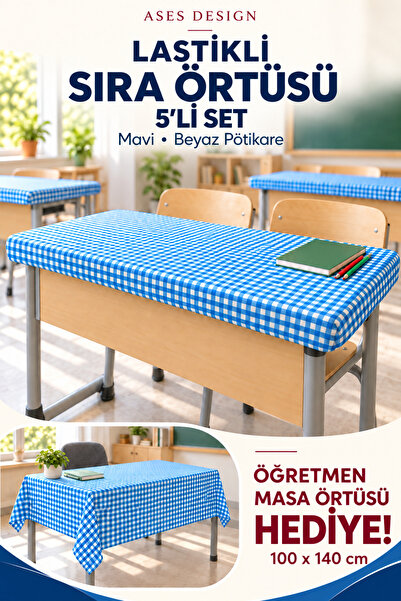 Ases Design Blue and White 5-Piece Elastic Tablecloth, 100X140 cm Teacher Tab...