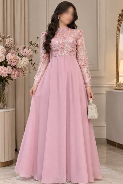 Barly Luxury Pink Evening Dress with Three-Dimensional Floral Appliques