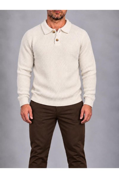LudoWear Мъжки плетен пуловер с яка и копчета, черен/бежов/кафяв/каменен