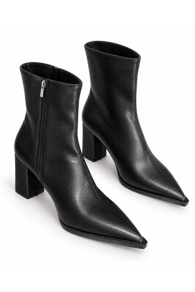 Shoe City Sivri Burun Kalın Topuklu Yan Fermuarlı Siyah Siálle Kadın Bot