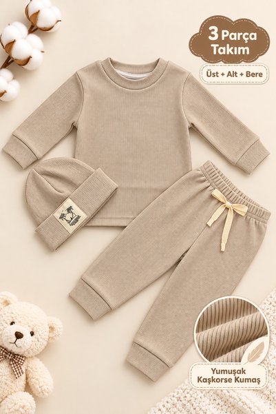 Meyzz Bebek 3’lü Takım Bereli Alt Üst Takım Yumuşak Kaşkorse Kumaş Unisex Beb...