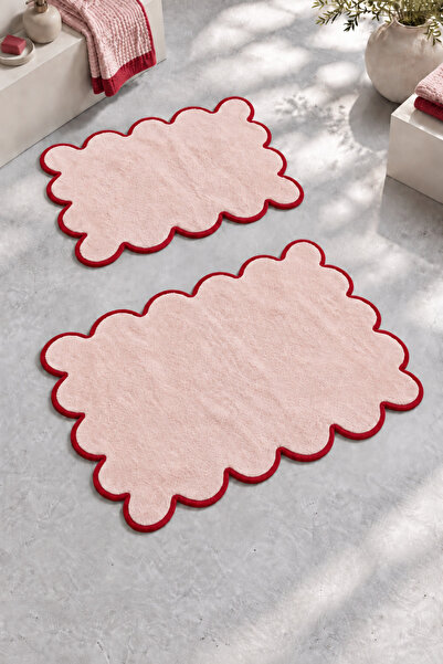 Nilteks 100% Cotton Sclop Set of 2 Bath Mats with Red Piping 40X60+60X90