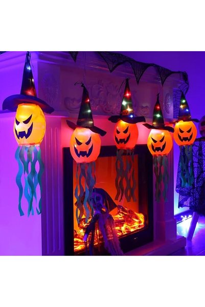 OYDAS 5 PCS Hanging Witch Ghost Hats Decorations with Colorful LED Lights, Gl...