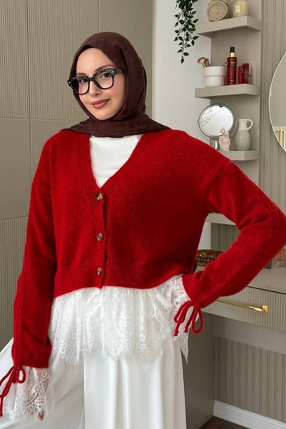 AXXAN Dantelli hırka kolları büzgülü dantel detaylı triko hırka
