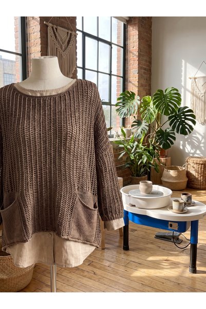 PIECE SIGNATURE Oversize Cutwork Openwork Woven Cotton Washable Pocket Sweater (Product Length 57 cm)