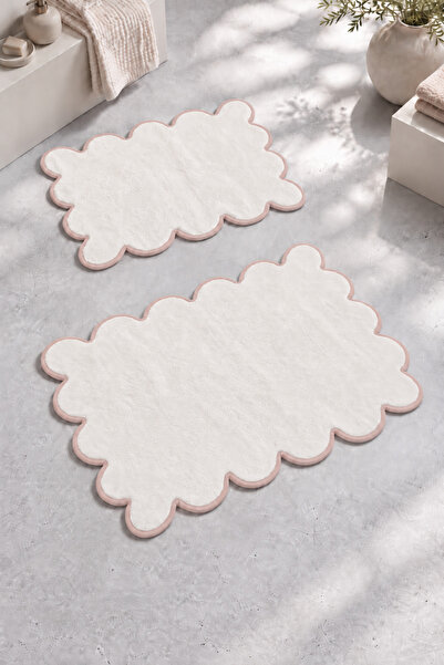 Nilteks 100% Cotton Sclop Set of 2 Bath Mats Beige with Piping 40X60+60X90