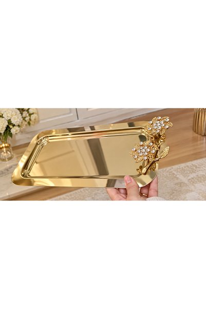 SUNVERA ÇELİK 1 Adet 18x33 cm Gold Kristal Taşlı Çiçek Aksesuarlı Paslanmaz Ç...