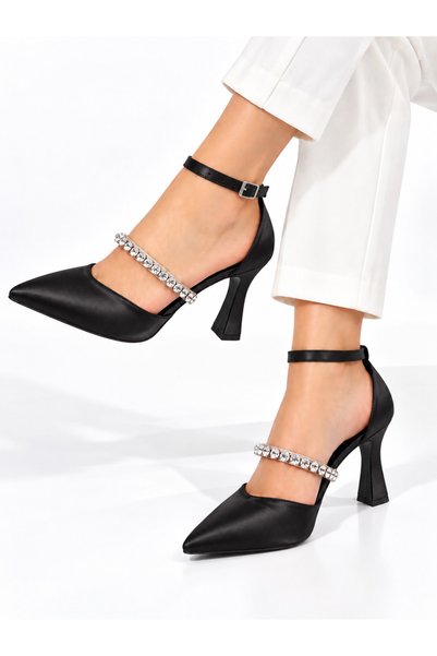Conforty Women's Front Motif Stoned Satin Material Stylish and Comfortable Heeled Shoes