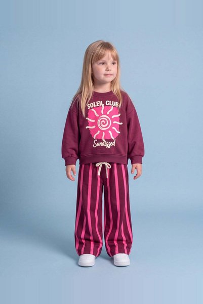 Karchir Kız Çocuk Soleil Club Baskılı Bordo Sweatshirt Çizgili Geniş Paça Pan...