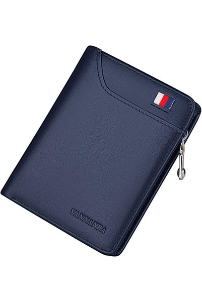 GENERAL Mens Genuine Leather Zipper Wallet RFID Blocking Bifold Zip Around Wa...