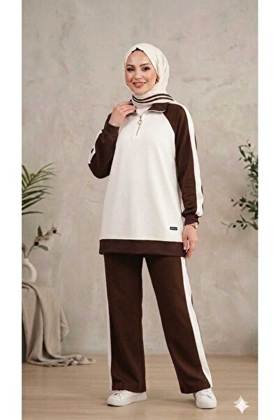 aymiraa Women's Hijab Tracksuit Set with Zipper Collar and Stripe Detail, Bla...