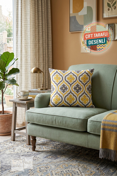 Nordica Sarı Damask Çiçek Desenli Yastık Kılıfı - Geometrik Motifli Klasik Gr...
