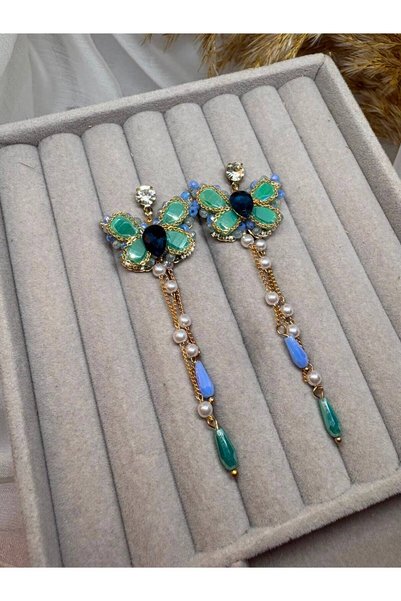 Kaan Accessoire Gold Color Green and Blue Stone Butterfly Figured Dangle Wome...