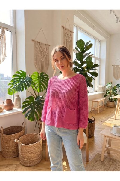 PIECE SIGNATURE Oversize Cutwork Openwork Woven Cotton Washable Pocket Sweater (Product Length 57 cm)
