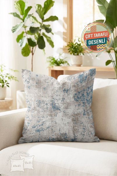 Nordica Soyut Desenli Bej Yastık Kılıfı - Eskitme Efektli Modern Mavi Çift Ta...