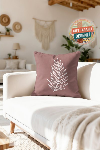 Nordica Yaprak Motifli Gül Kurusu Yastık Kılıfı - Botanik Çizimli Minimalist ...