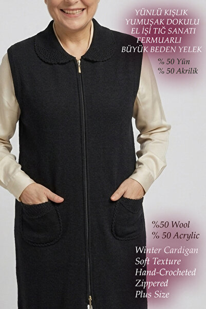 Laden Knitwear Large Size Wool Thick Winter Mom Long Vest Handmade Crochet Zippered Soft Cap Battal Women's Polo Collar