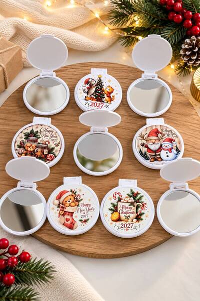 hazztasarım New Year's Themed 3-Piece Printed Bag Size Mini Decorative Mirror (3 Random Different Candles Will Be Sent)