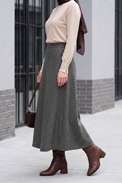 HİJABAYA High Waist Bell Cut Flowy Unlined Woven Midi Hijab Skirt - Khaki